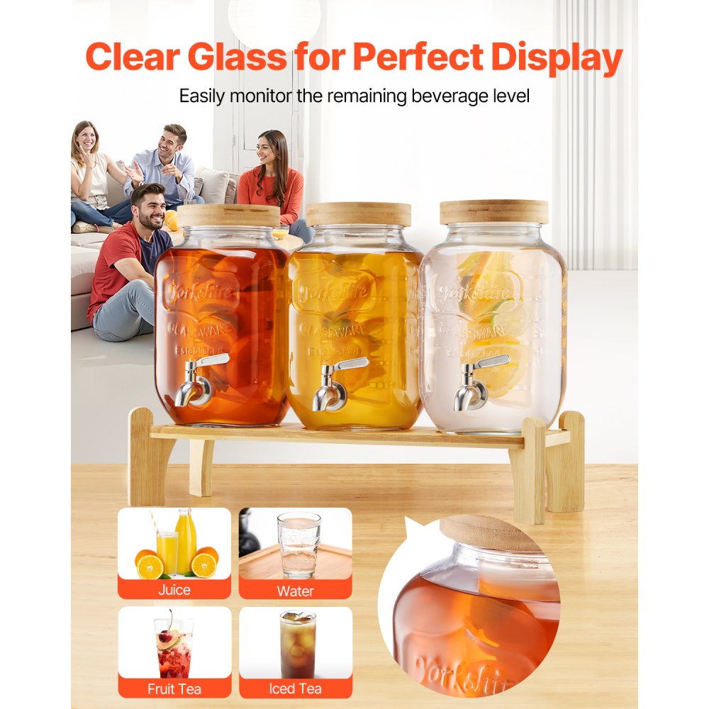 VEVOR Beverage Dispenser, 3 Pack 1 Gallon Drink Dispensers for Parties, Glass Juice Dispenser with Wood Stand, Stainless Steel Spigot, Infuser, Iced Tea Lemonade Juice Water Dispensers for Parties
