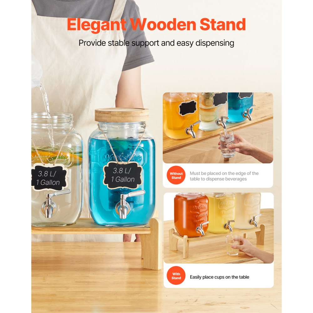 VEVOR Beverage Dispenser, 3 Pack 1 Gallon Drink Dispensers for Parties, Glass Juice Dispenser with Wood Stand, Stainless Steel Spigot, Infuser, Iced Tea Lemonade Juice Water Dispensers for Parties
