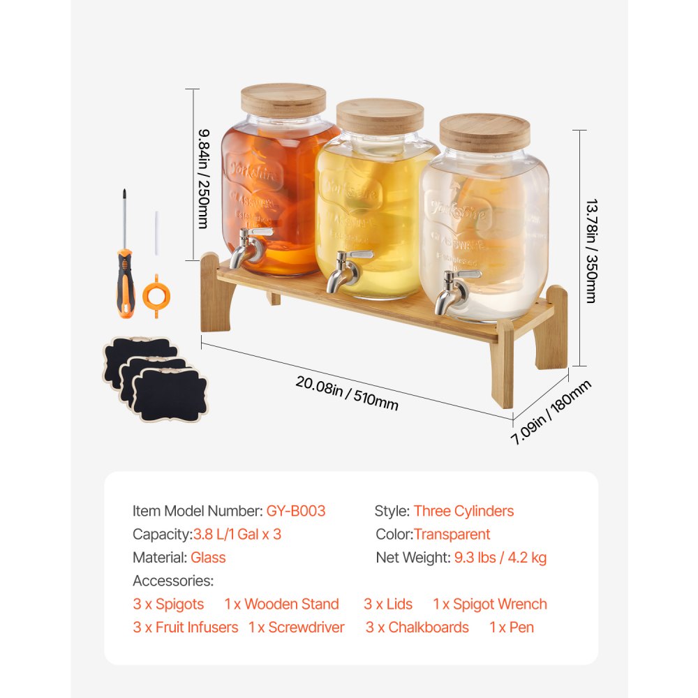 VEVOR Beverage Dispenser, 3 Pack 1 Gallon Drink Dispensers for Parties, Glass Juice Dispenser with Wood Stand, Stainless Steel Spigot, Infuser, Iced Tea Lemonade Juice Water Dispensers for Parties