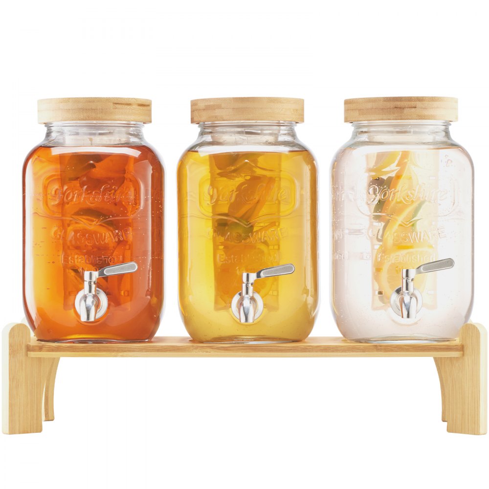 VEVOR Beverage Dispenser, 3 Pack 1 Gallon Drink Dispensers for Parties, Glass Juice Dispenser with Wood Stand, Stainless Steel Spigot, Infuser, Iced Tea Lemonade Juice Water Dispensers for Parties