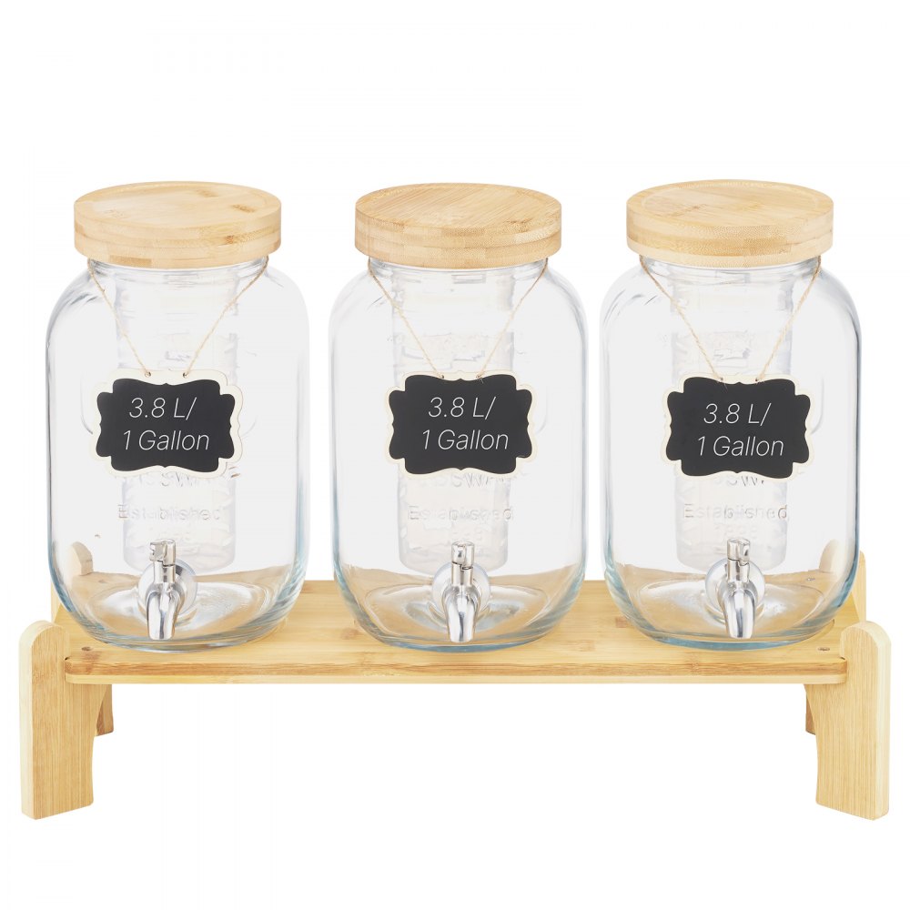 VEVOR Beverage Dispenser, 3 Pack 1 Gallon Drink Dispensers for Parties, Glass Juice Dispenser with Wood Stand, Stainless Steel Spigot, Infuser, Iced Tea Lemonade Juice Water Dispensers for Parties