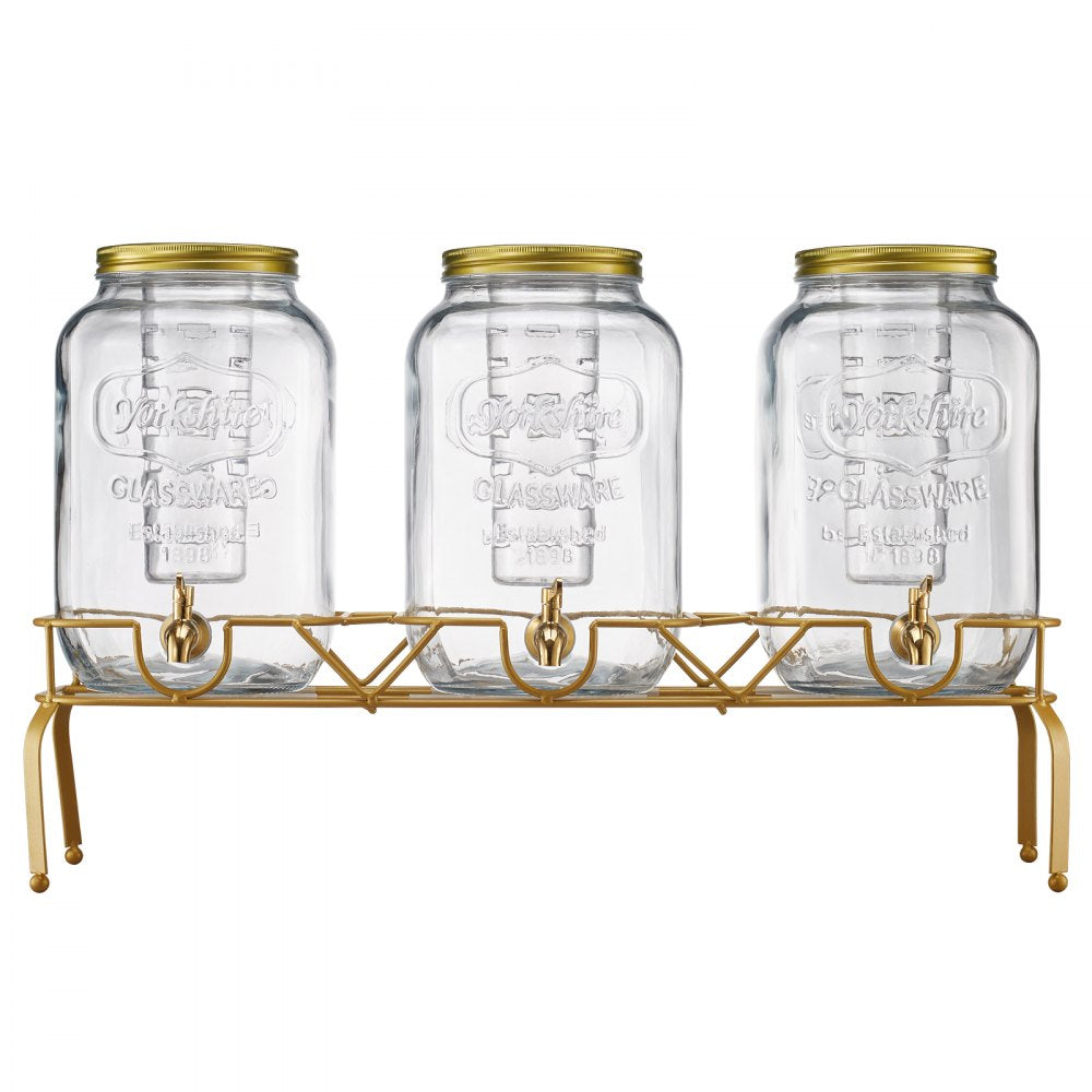 VEVOR Beverage Dispenser, 3 Pack 2 Gallon Drink Dispensers for Parties, Glass Juice Dispenser with Metal Stand, Stainless Steel Spigot, Infuser, Iced Tea Lemonade Juice Water Dispensers for Parties