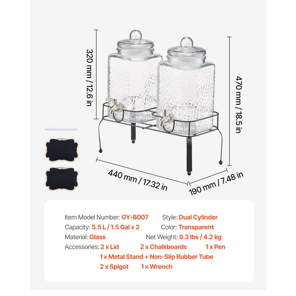 VEVOR Beverage Dispenser, 2 Pack 1.5 Gallon Drink Dispensers for Parties, Glass Juice Dispenser with Metal Stand, Stainless Steel Spigot, Iced Tea Lemonade Juice Water Dispensers for Parties