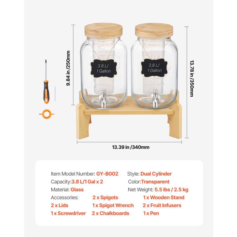 VEVOR Beverage Dispenser, 2 Pack 1 Gallon Drink Dispensers for Parties, Glass Juice Dispenser with Wood Stand, Stainless Steel Spigot, Infuser, Iced Tea Lemonade Juice Water Dispensers for Parties
