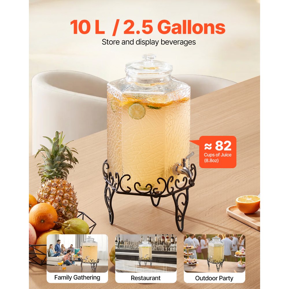 VEVOR Beverage Dispenser, 2.5 Gallon Drink Dispensers for Parties, Glass Juice Dispenser with Metal Stand, Stainless Steel Spigot, Iced Tea Lemonade Juice Water Dispensers for Parties