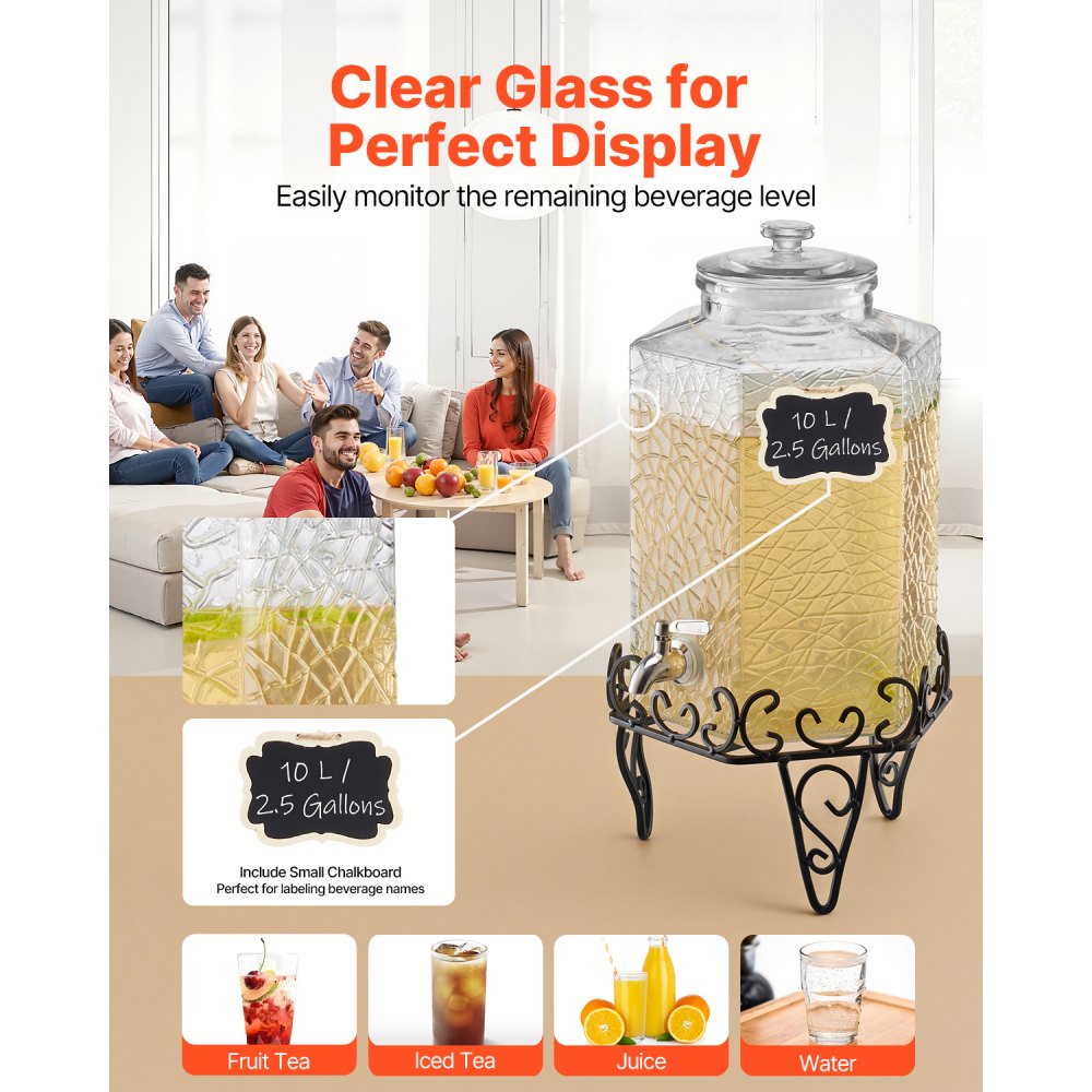 VEVOR Beverage Dispenser, 2.5 Gallon Drink Dispensers for Parties, Glass Juice Dispenser with Metal Stand, Stainless Steel Spigot, Iced Tea Lemonade Juice Water Dispensers for Parties