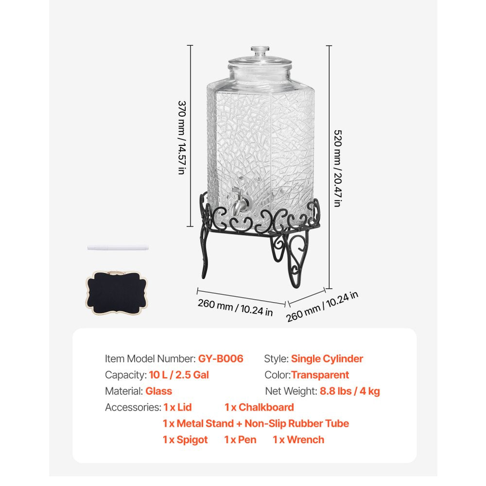 VEVOR Beverage Dispenser, 2.5 Gallon Drink Dispensers for Parties, Glass Juice Dispenser with Metal Stand, Stainless Steel Spigot, Iced Tea Lemonade Juice Water Dispensers for Parties