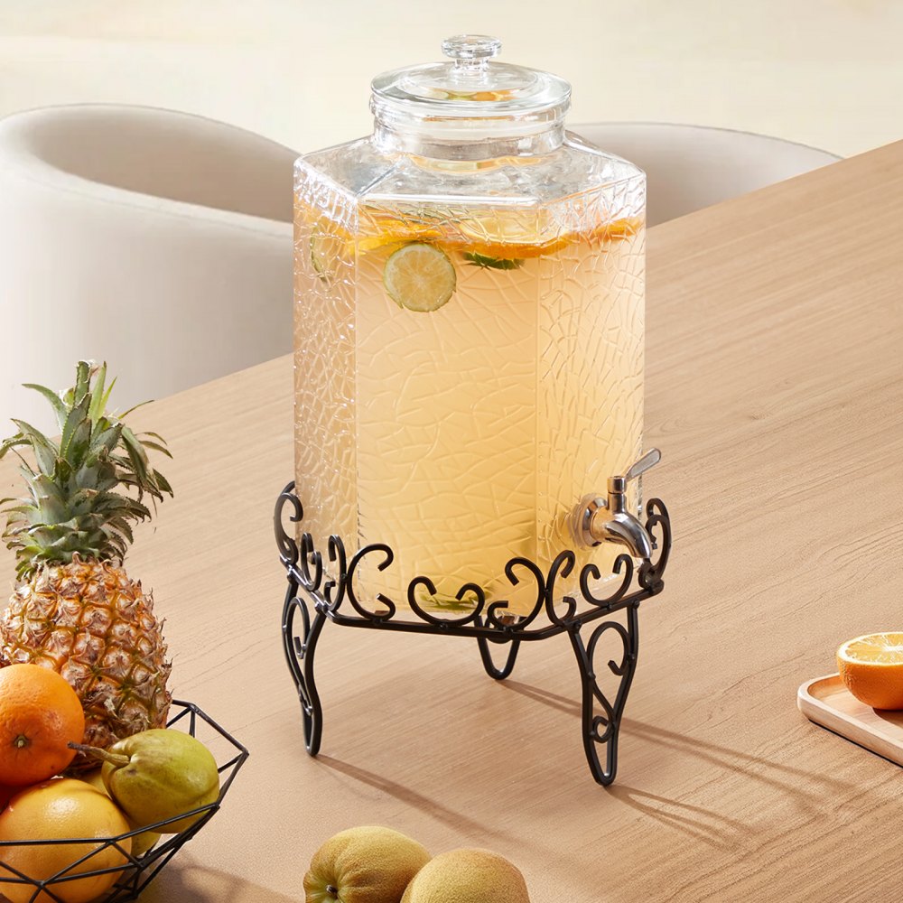 VEVOR Beverage Dispenser, 2.5 Gallon Drink Dispensers for Parties, Glass Juice Dispenser with Metal Stand, Stainless Steel Spigot, Iced Tea Lemonade Juice Water Dispensers for Parties
