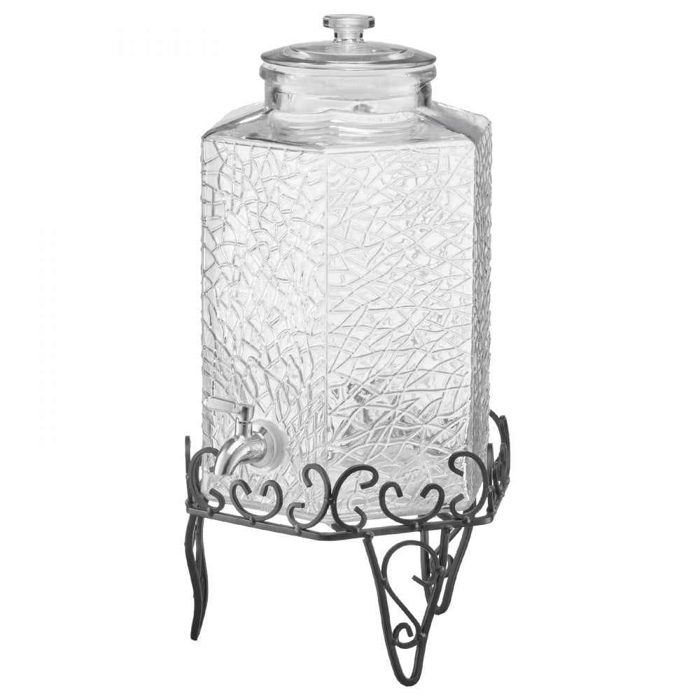 VEVOR Beverage Dispenser, 2.5 Gallon Drink Dispensers for Parties, Glass Juice Dispenser with Metal Stand, Stainless Steel Spigot, Iced Tea Lemonade Juice Water Dispensers for Parties