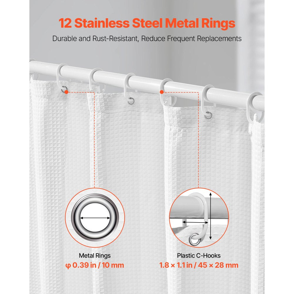 VEVOR White Fabric Shower Curtain, 240 GSM Weighted Waffle Shower Curtains, Polyester Curtain with Rust-Resistant Hooks, Machine Washable & Water Repellent, for Bathroom Showers, Bath Tubs, 72x72 in