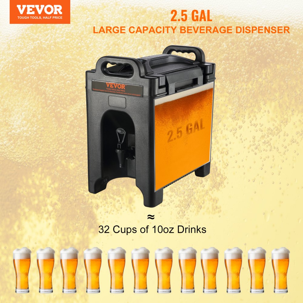 VEVOR Insulated Beverage Dispenser, 2.5 Gallon, Food-grade LDPE Hot and Cold Beverage Server, Thermal Drink Dispenser Cooler with 0.9 in PU Layer Two-Stage Faucet Handle, for Restaurant Drink Shop