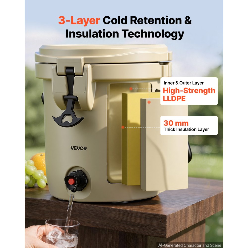 VEVOR Insulated Beverage Dispenser 3.5 Gallon Hot and Cold Beverage Server, for Camping Outdoor Events Parties, Leakproof Ice Water Drink Cooler, with Easy Pour Spigot, Latched Lid, Portable Handle