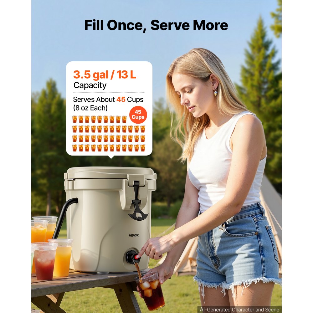 VEVOR Insulated Beverage Dispenser 3.5 Gallon Hot and Cold Beverage Server, for Camping Outdoor Events Parties, Leakproof Ice Water Drink Cooler, with Easy Pour Spigot, Latched Lid, Portable Handle
