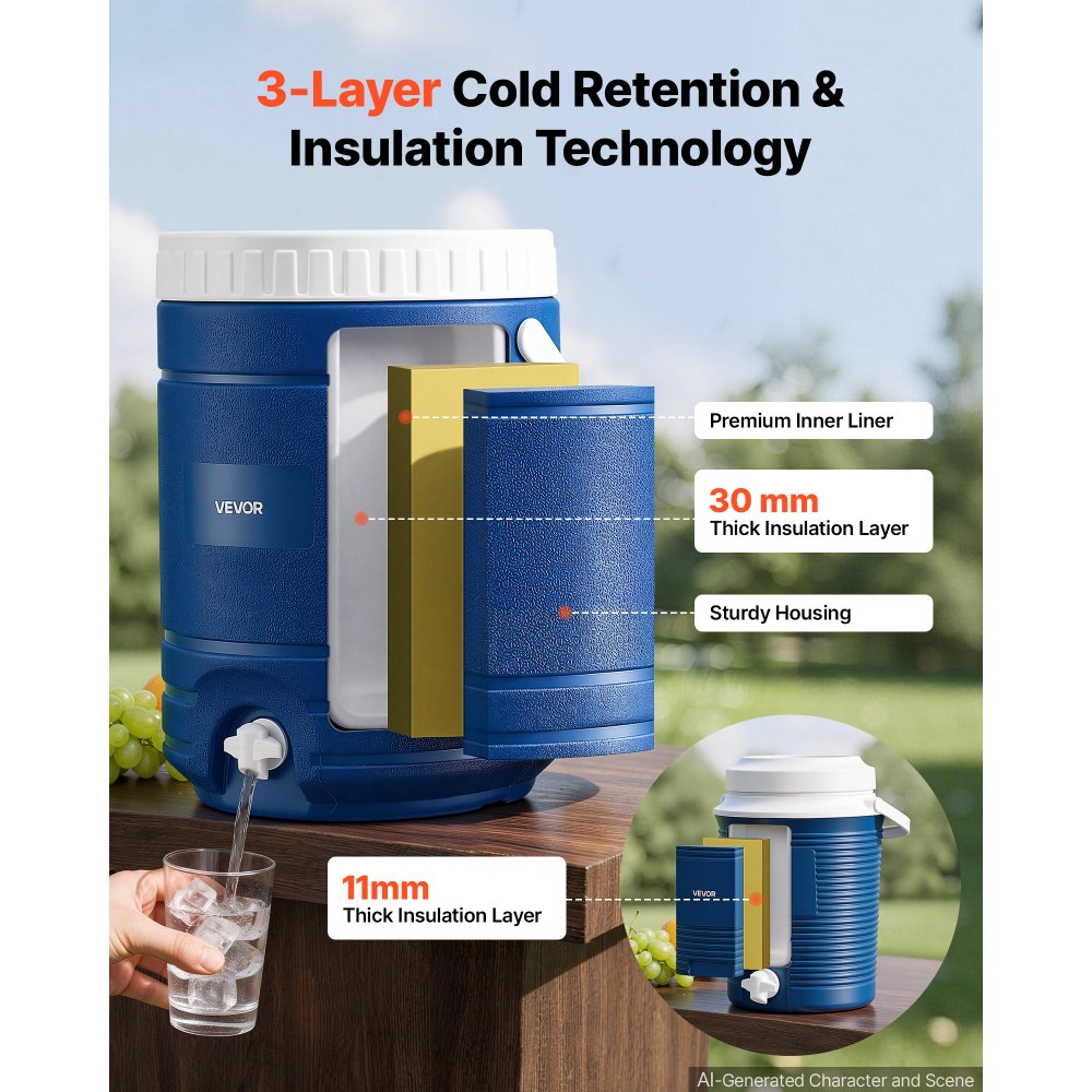 VEVOR Insulated Beverage Dispenser 2 Gallon + 4.8 Gallon with Cup Holder, for Camping Outdoor Event Parties, Leakproof Ice Water Drink Cooler, with Easy Pour Spigot, Insulation Layer, Portable Handle