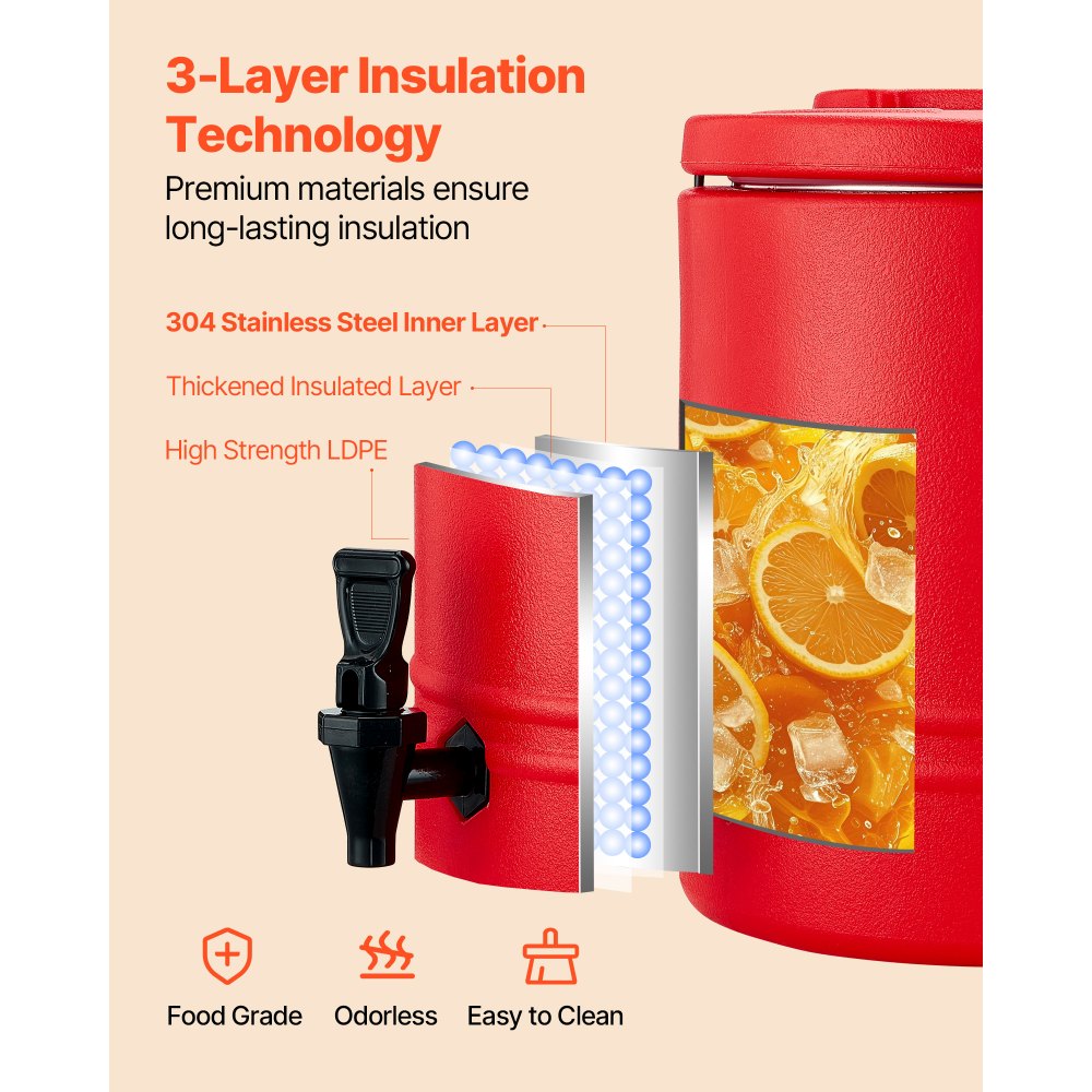 VEVOR Insulated Beverage Dispenser, 8 Gal/30.3L Thermal Hot and Cold Drink Server Dispenser with Spigot, Food-Grade Cooler Jug with 304 Stainless Steel Interior, for Tea Coffee Restaurant Outdoor