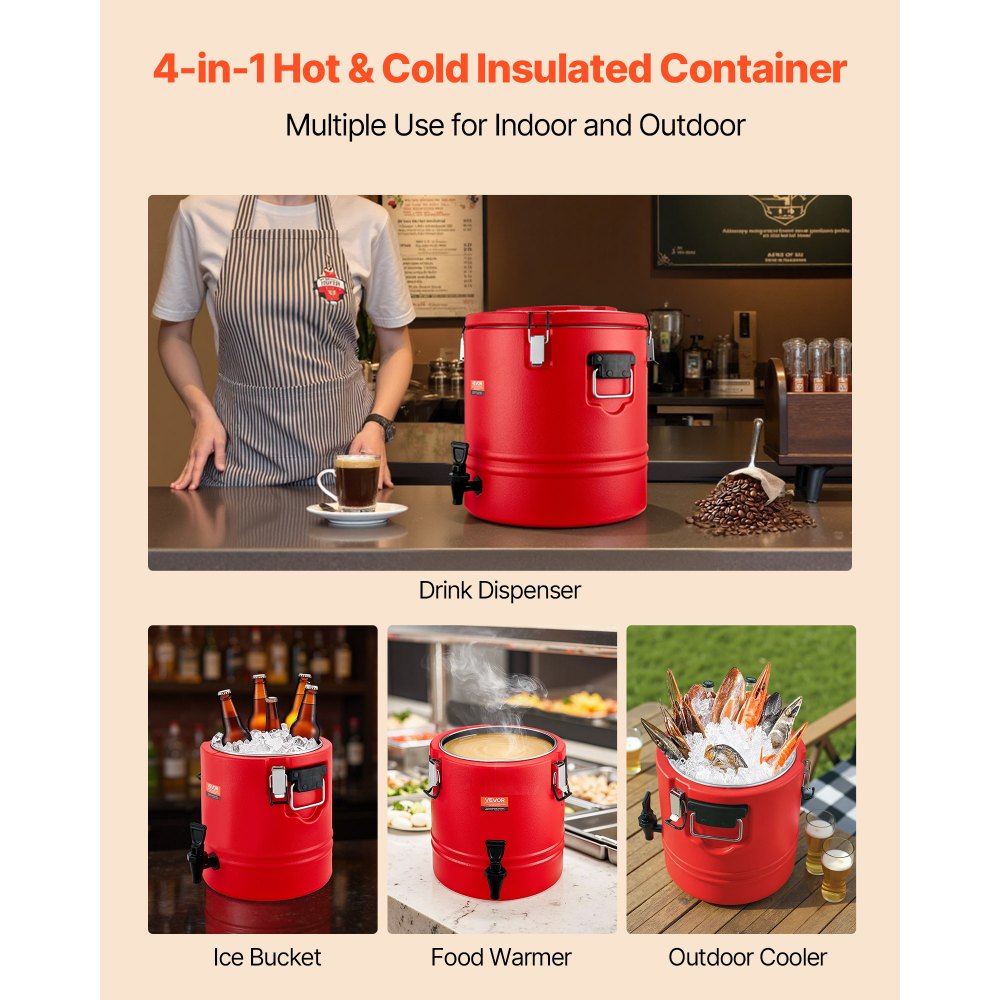 VEVOR Insulated Beverage Dispenser, 8 Gal/30.3L Thermal Hot and Cold Drink Server Dispenser with Spigot, Food-Grade Cooler Jug with 304 Stainless Steel Interior, for Tea Coffee Restaurant Outdoor