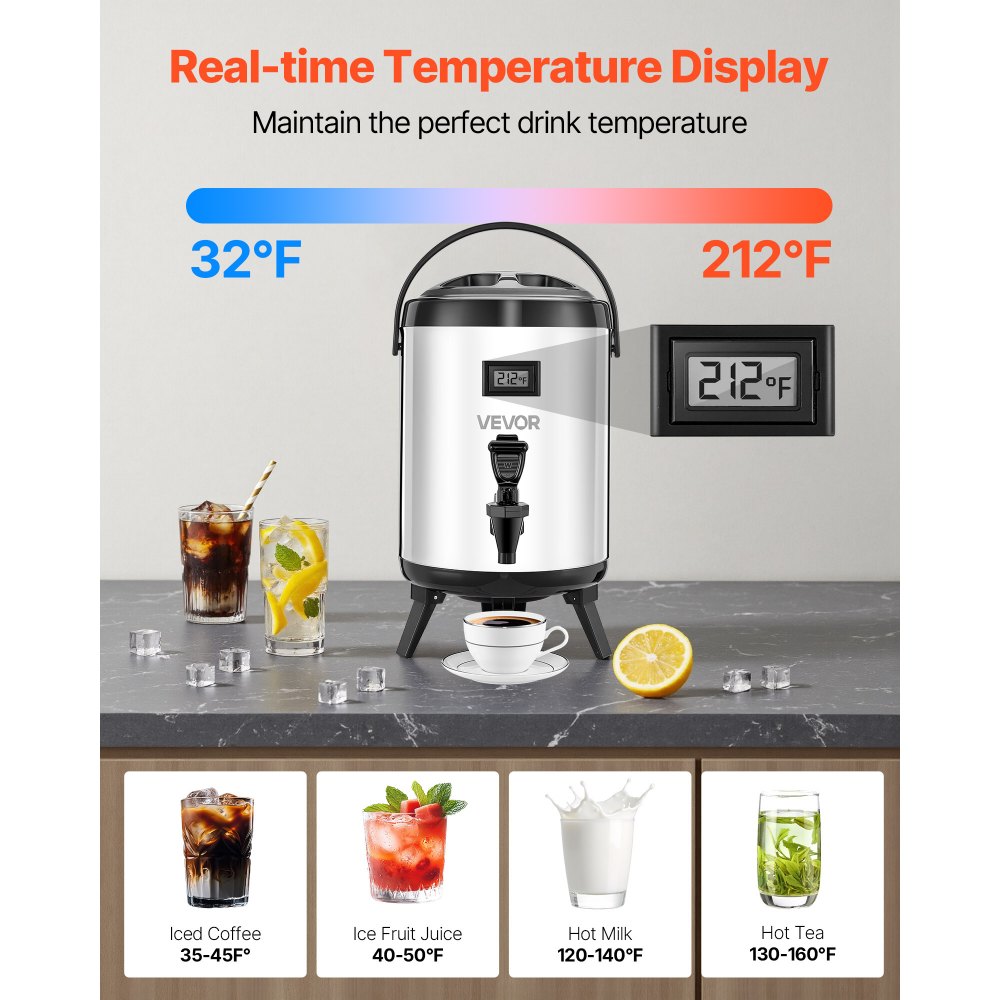 VEVOR Insulated Beverage Dispenser, 1.5 Gal/6L Stainless Steel Thermal Drink Server with Spigot & Temp Display, Suitable for Hot and Cold Drinks, for Tea Coffee Water in Cafes & Restaurants, Silver