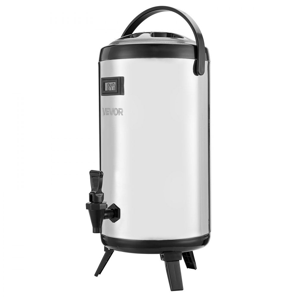 VEVOR Insulated Beverage Dispenser, 2.4 Gal/9.2L Stainless Steel Thermal Drink Server with Spigot & Temp Display, Suitable for Hot and Cold Drinks, for Tea Coffee Water in Cafes & Restaurants, Silver