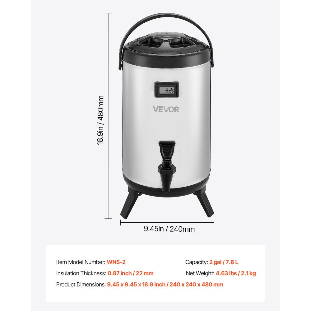 VEVOR Insulated Beverage Dispenser, 2 Gal/7.6L Stainless Steel Thermal Drink Server with Spigot & Temp Display, Suitable for Hot and Cold Drinks, for Tea Coffee Water in Cafes & Restaurants, Silver