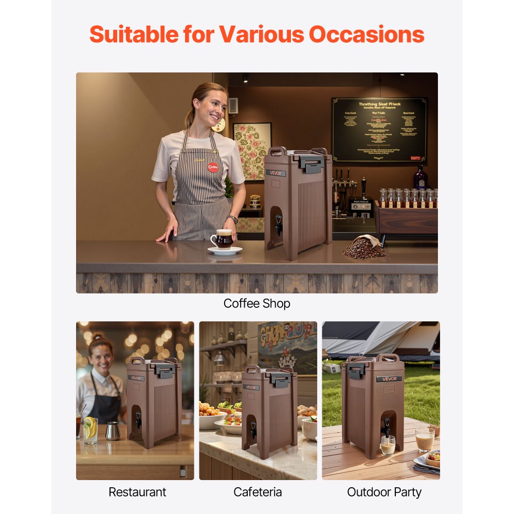 VEVOR Insulated Beverage Dispenser, 5 Gal/19L Hot and Cold Beverage Server with Spigot & Handle, Food-Grade Thermal Drink Dispenser Cooler for Tea Coffee Water in Cafes & Restaurants, Brown