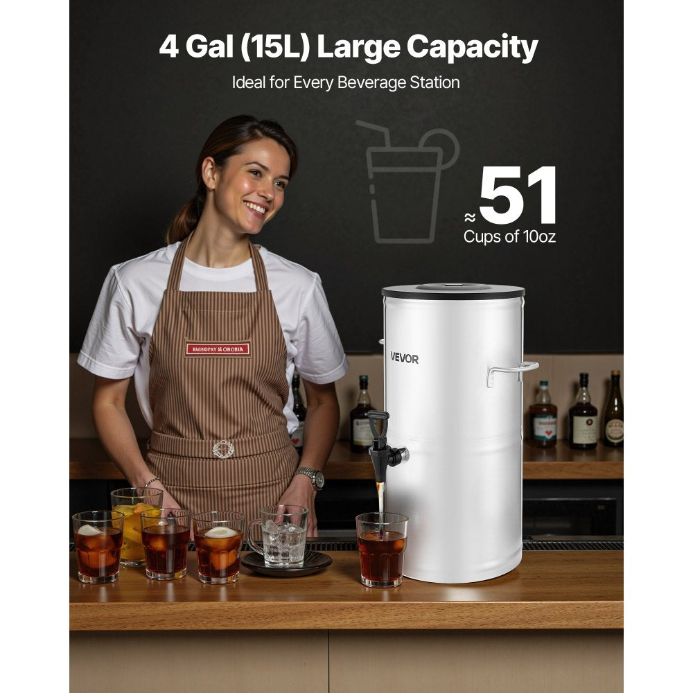 VEVOR Ice Tea Dispenser, 4 Gal/15L 304 Stainless Steel Beverage Dispenser with Spigot & Handle, Suitable for Hot and Cold Drinks, for Iced Tea Coffee Water in Cafes & Restaurants