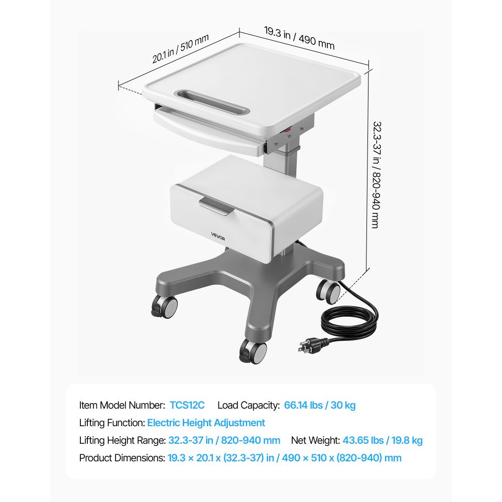 VEVOR Medical Cart 66.14 lbs Max Load Electric Lift Medical Trolley Cart, for Clinic, Hospital, Laboratory, Stable Support, Adjustable Height, Silent Rolling Trolley with 360° Swivel Lockable Wheels