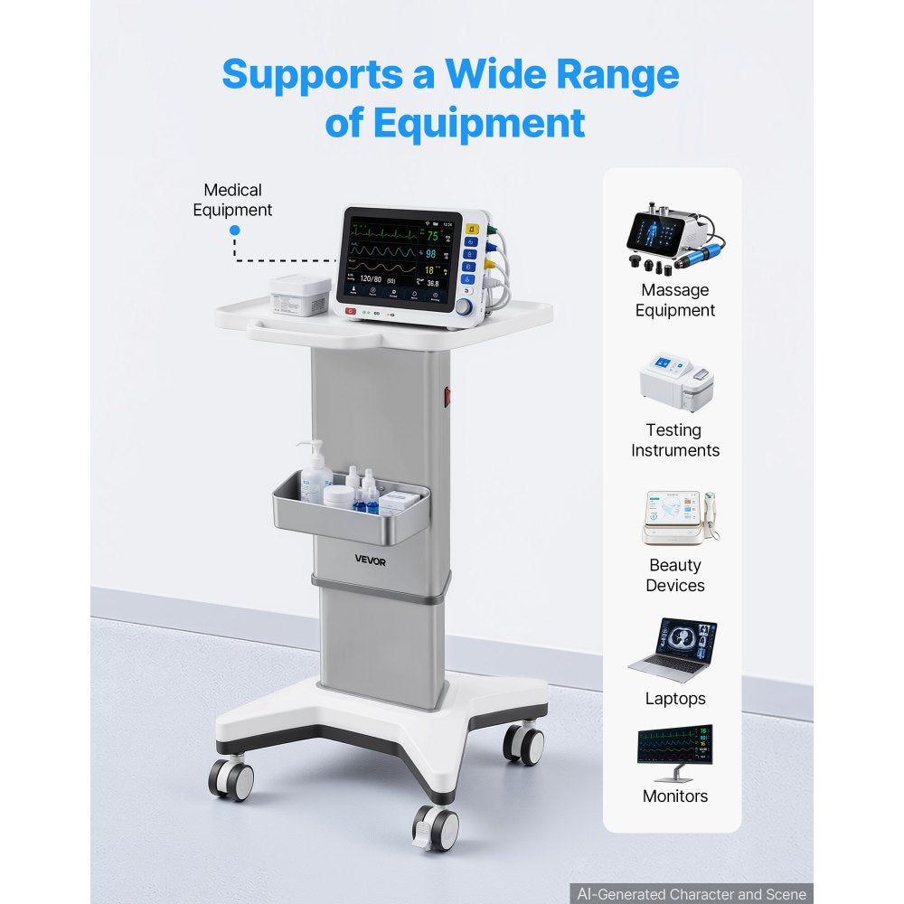 VEVOR Medical Cart 110.23 lbs Max Load Electric Lift Medical Trolley Cart, for Clinic, Hospital, Laboratory, Stable Support, Adjustable Height, Silent Rolling Trolley with 360° Swivel Lockable Wheels