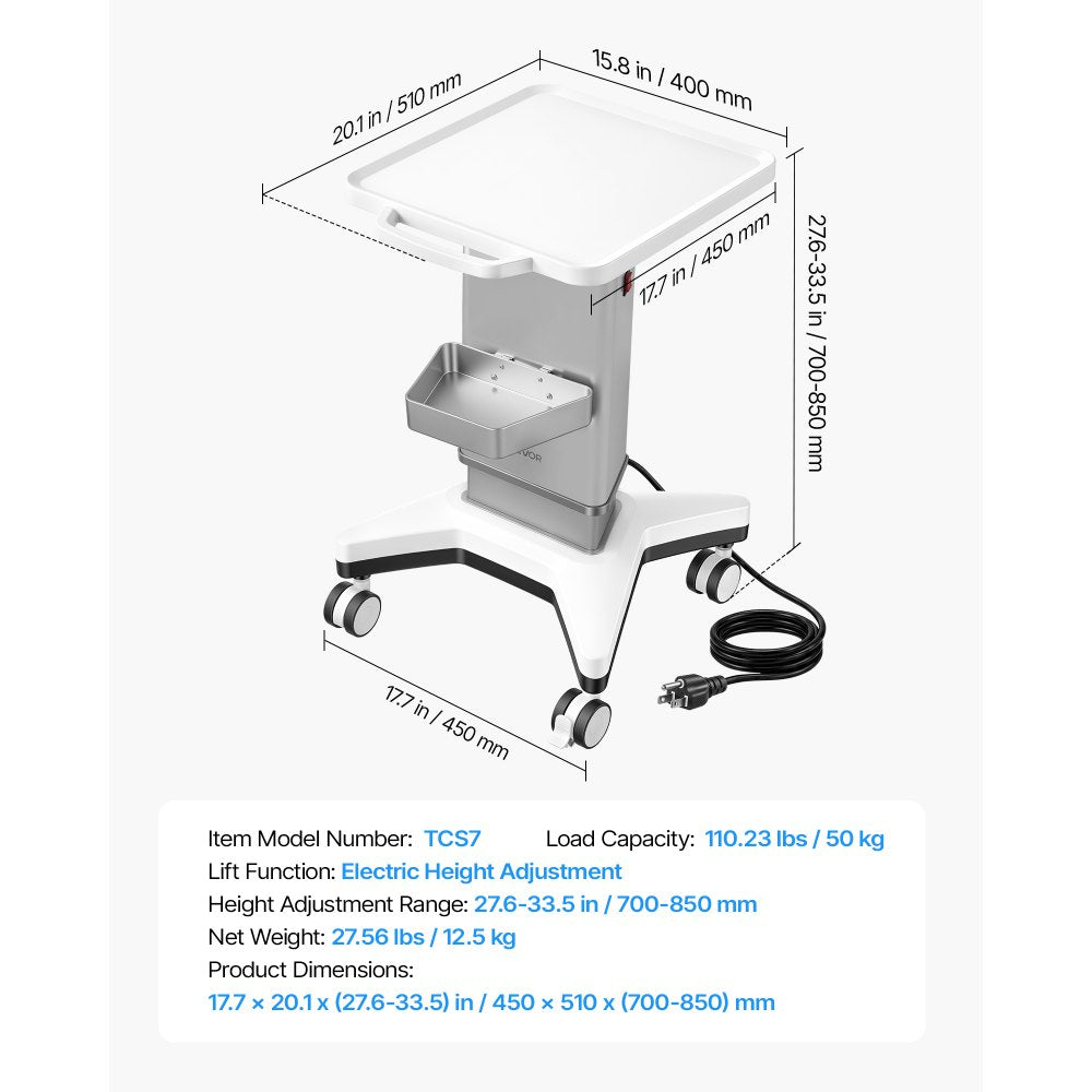 VEVOR Medical Cart 110.23 lbs Max Load Electric Lift Medical Trolley Cart, for Clinic, Hospital, Laboratory, Stable Support, Adjustable Height, Silent Rolling Trolley with 360° Swivel Lockable Wheels