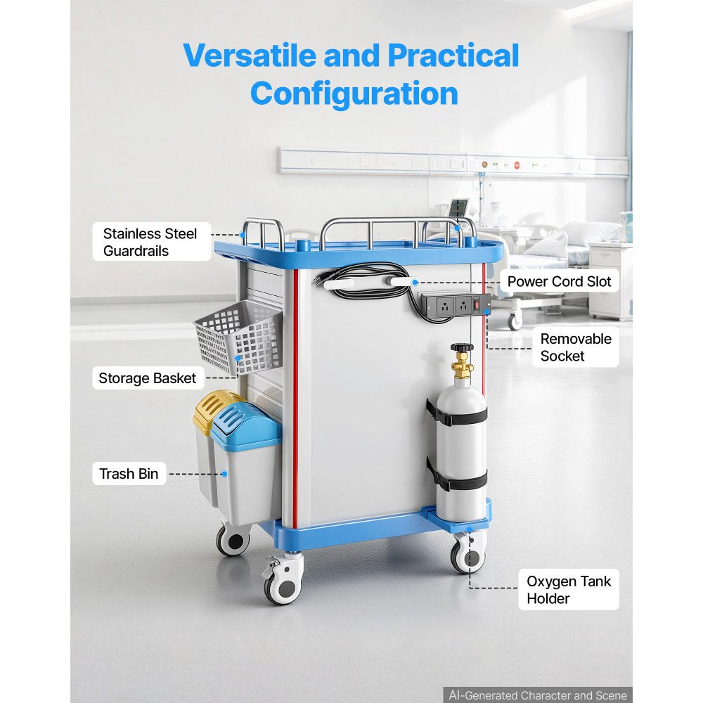 VEVOR Medical Cart 242.51 lbs Max Load Medical Trolley Cart with Cabinet, for Hospital, Clinic, Laboratory, Stable Support, with 2 Drawers, Silent Rolling Trolley with 360° Swivel Lockable Wheels