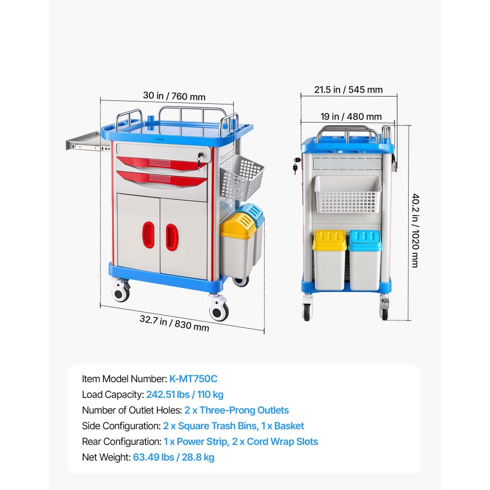 VEVOR Medical Cart 242.51 lbs Max Load Medical Trolley Cart with Cabinet, for Hospital, Clinic, Laboratory, Stable Support, with 2 Drawers, Silent Rolling Trolley with 360° Swivel Lockable Wheels