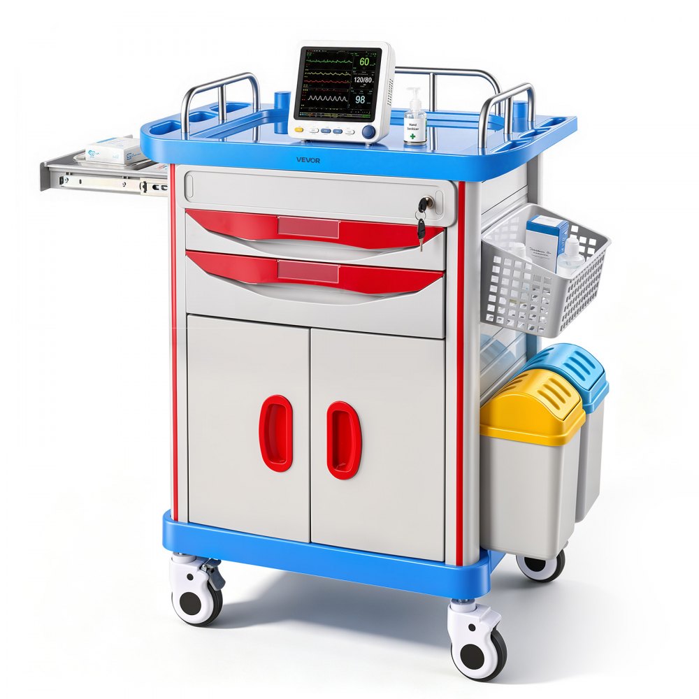 VEVOR Medical Cart 242.51 lbs Max Load Medical Trolley Cart with Cabinet, for Hospital, Clinic, Laboratory, Stable Support, with 2 Drawers, Silent Rolling Trolley with 360° Swivel Lockable Wheels