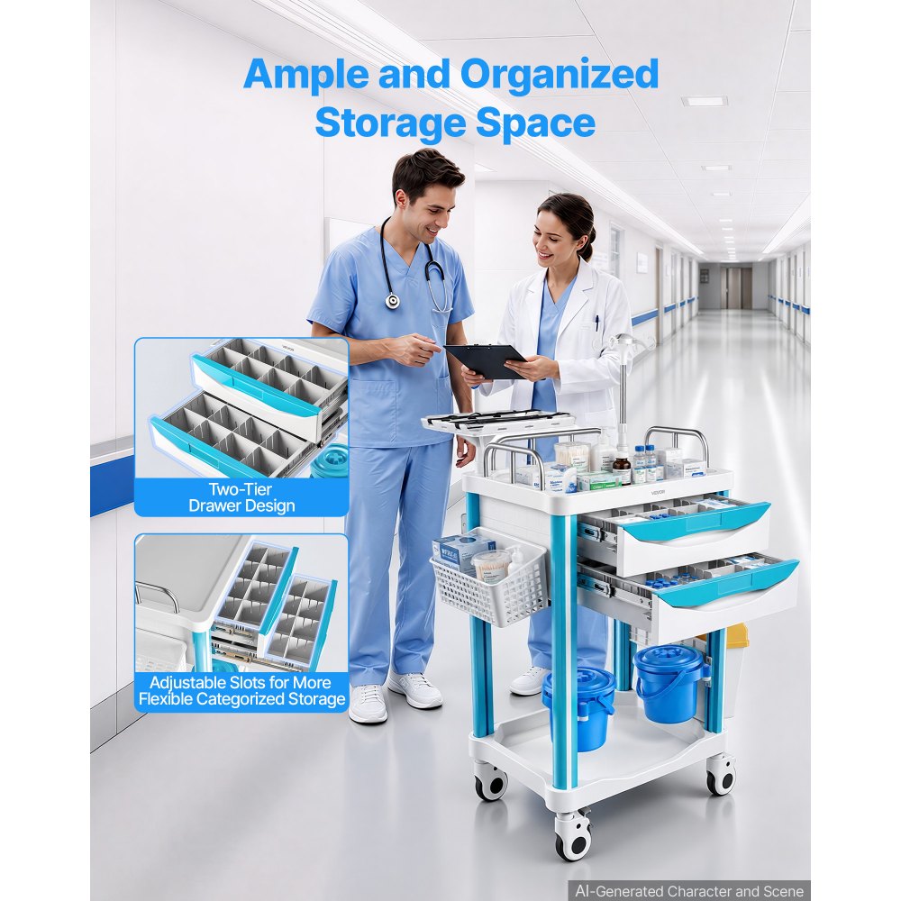 VEVOR Medical Cart 242.51 lbs Max Load Medical Trolley Cart with 2 Drawers, for Hospital, Clinic, Laboratory, Stable Support, Silent Rolling Trolley with 360° Swivel Lockable Wheels, Organized Storage