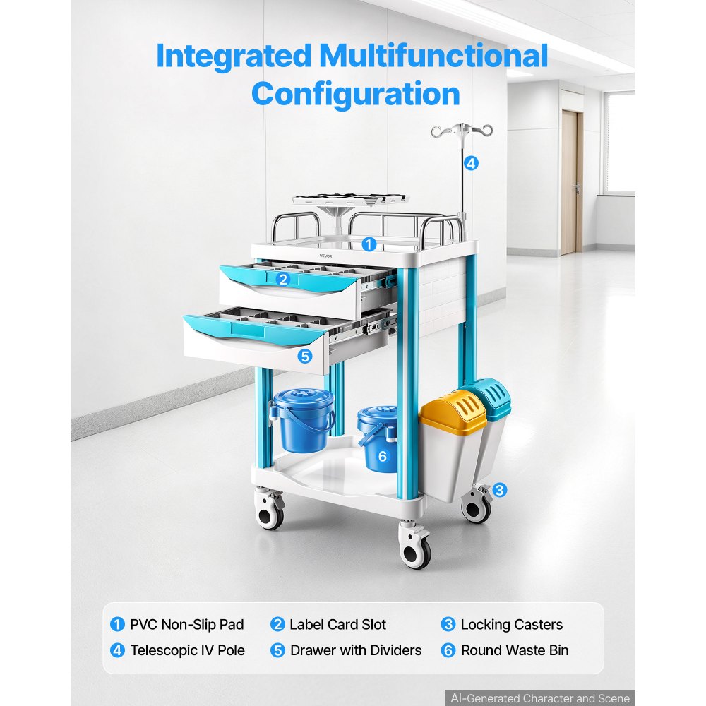 VEVOR Medical Cart 242.51 lbs Max Load Medical Trolley Cart with 2 Drawers, for Hospital, Clinic, Laboratory, Stable Support, Silent Rolling Trolley with 360° Swivel Lockable Wheels, Organized Storage