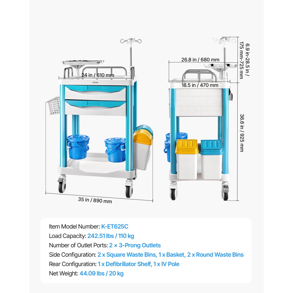 VEVOR Medical Cart 242.51 lbs Max Load Medical Trolley Cart with 2 Drawers, for Hospital, Clinic, Laboratory, Stable Support, Silent Rolling Trolley with 360° Swivel Lockable Wheels, Organized Storage