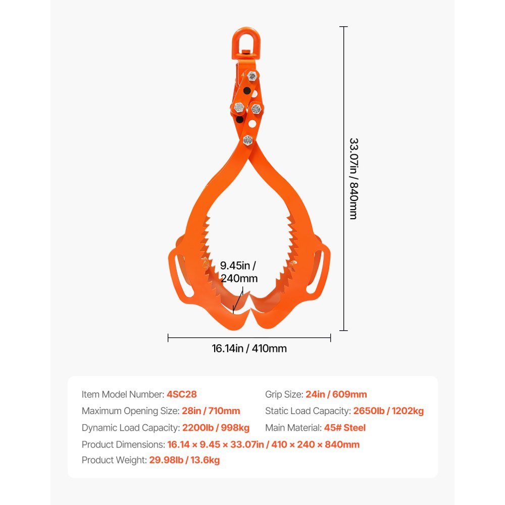 VEVOR 28in Log Lifting Tongs, 4-Claw Log Tongs, Heavy Duty Steel Log Grapple, 2650LBS Lifting Capacity, Swivel Log Graper Timber, Eagle Claw Design, Log Skidding Tongs for Trucks, Tractors, Forklifts