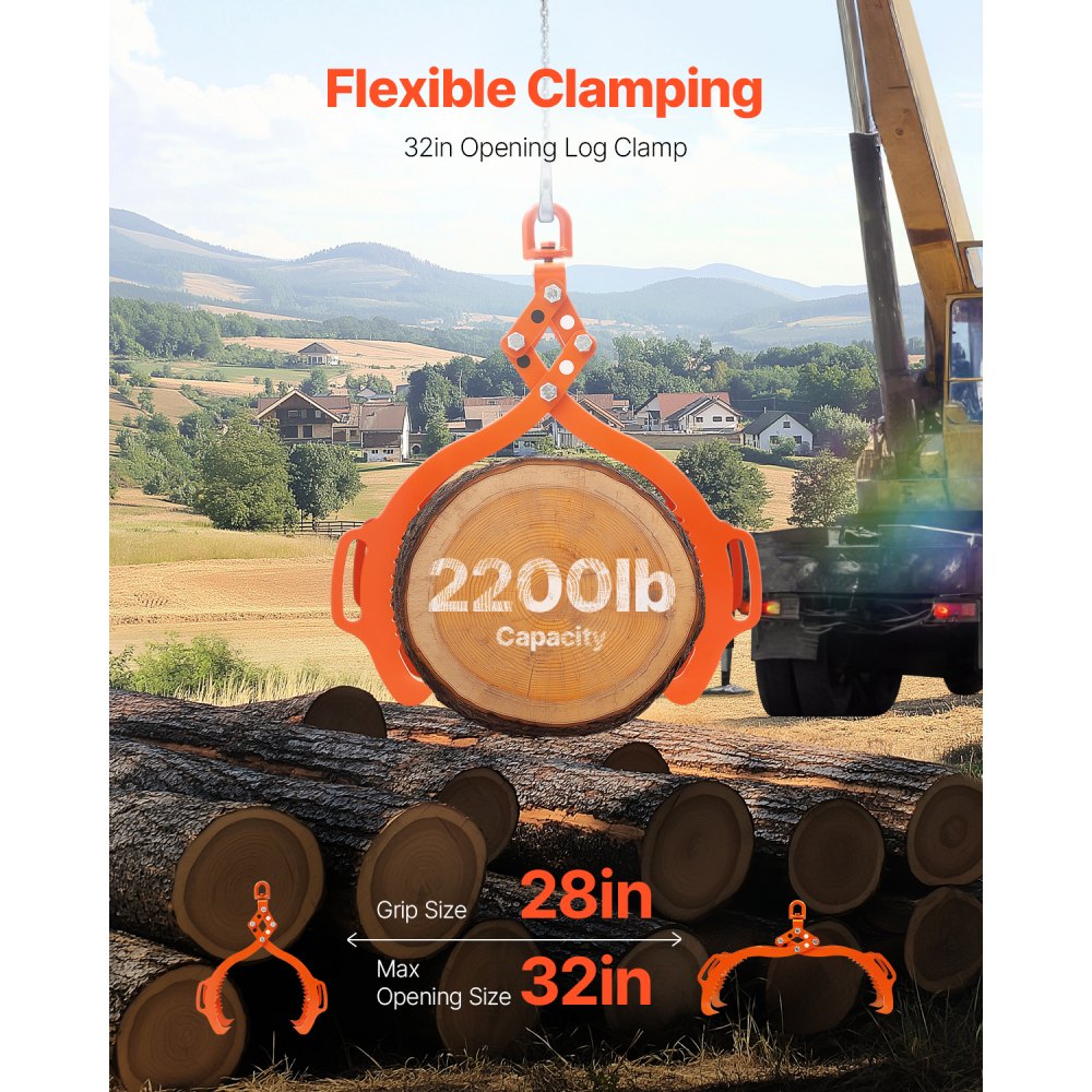 VEVOR 32in Log Lifting Tongs, 4-Claw Log Tongs, Heavy Duty Steel Log Grapple, 2200LBS Lifting Capacity, Swivel Log Graper Timber, Eagle Claw Design, Log Skidding Tongs for Trucks, Tractors, Forklifts