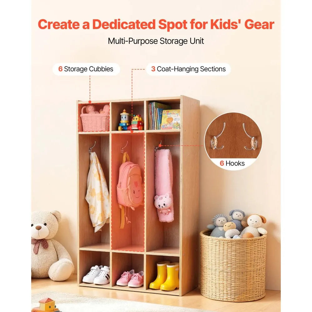 VEVOR 3-Section Kids Coat Locker, Wooden Toddler Cubby Storage Organizer with 6 Hooks & Non-Slip Mat, Modern Kid Coat Cubbies with 6 Small Open Storage Boxes for Home, Kindergarten, Daycare, Natural