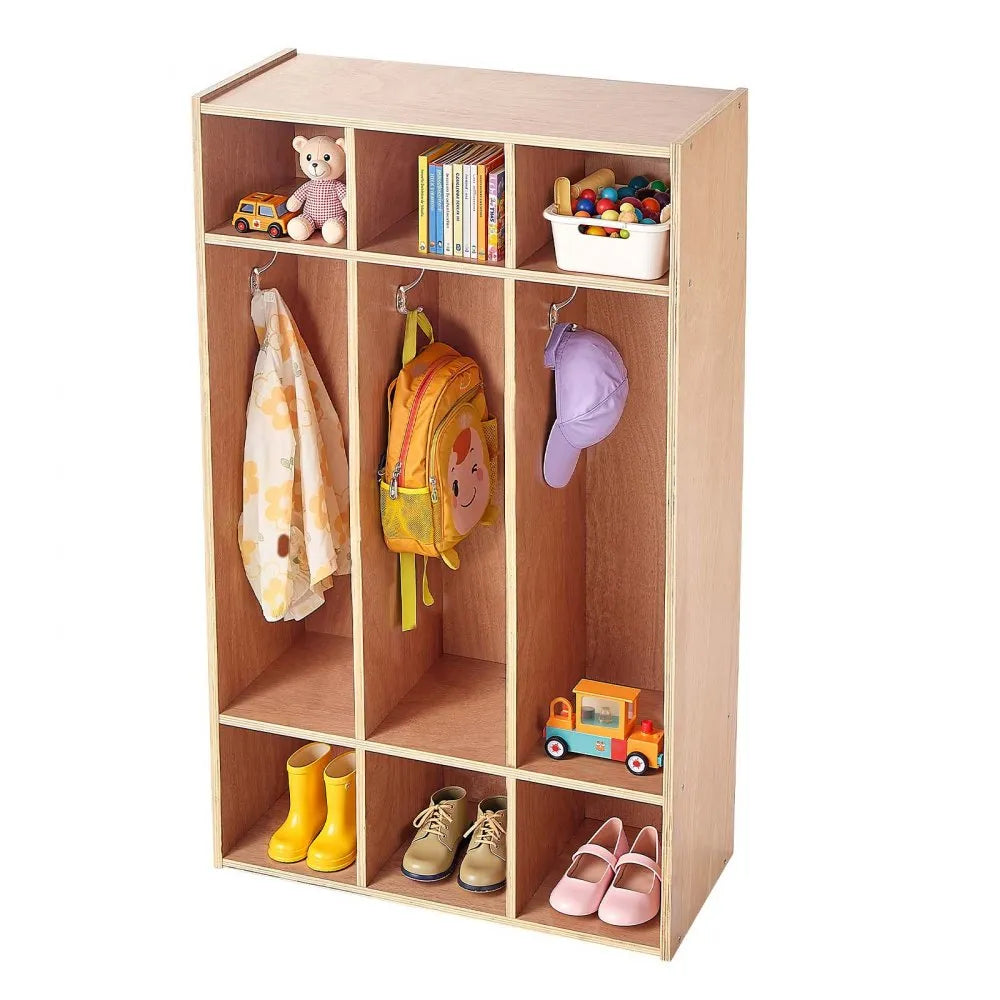 VEVOR 3-Section Kids Coat Locker, Wooden Toddler Cubby Storage Organizer with 6 Hooks & Non-Slip Mat, Modern Kid Coat Cubbies with 6 Small Open Storage Boxes for Home, Kindergarten, Daycare, Natural