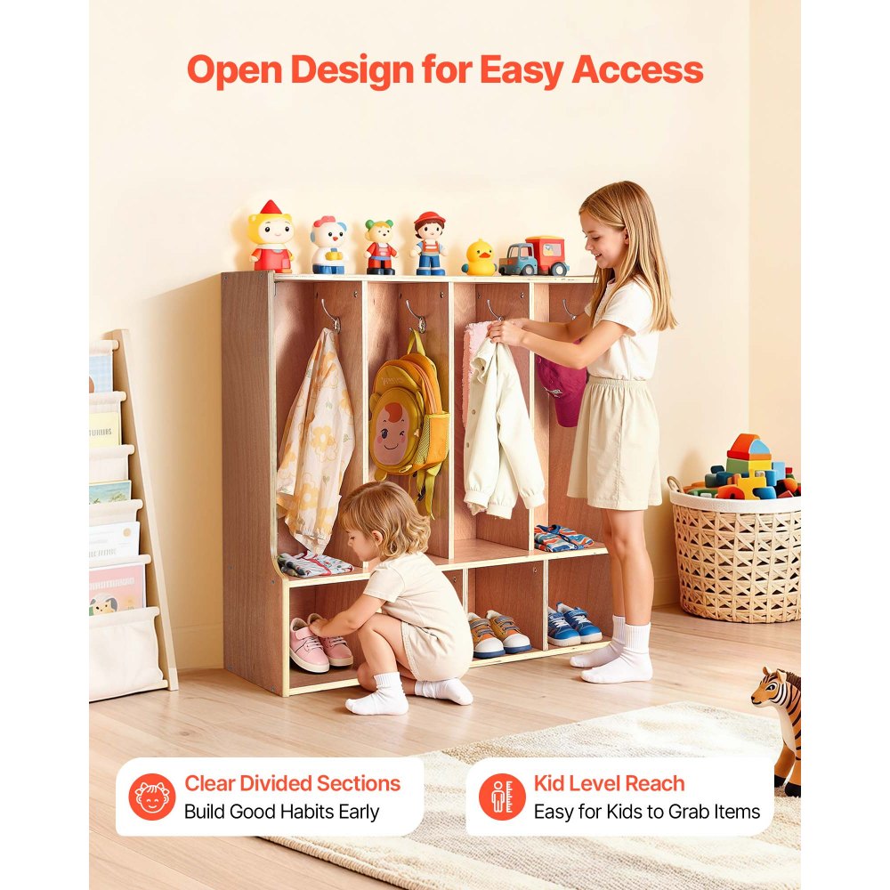 VEVOR 4-Section Kids Coat Locker, Wooden Toddler Cubby Storage Organizer with 8 Hooks & Non-Slip Mat, Modern Kid Coat Cubbies with 4 Small Open Storage Boxes for Home, Kindergarten, Daycare, Natural