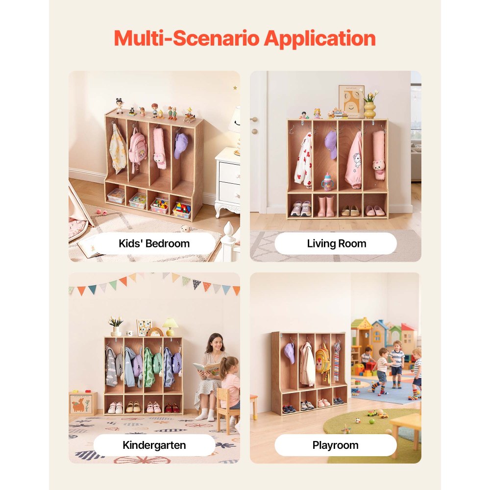 VEVOR 4-Section Kids Coat Locker, Wooden Toddler Cubby Storage Organizer with 8 Hooks & Non-Slip Mat, Modern Kid Coat Cubbies with 4 Small Open Storage Boxes for Home, Kindergarten, Daycare, Natural
