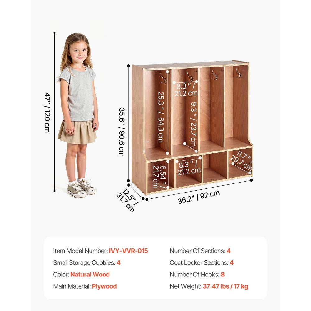 VEVOR 4-Section Kids Coat Locker, Wooden Toddler Cubby Storage Organizer with 8 Hooks & Non-Slip Mat, Modern Kid Coat Cubbies with 4 Small Open Storage Boxes for Home, Kindergarten, Daycare, Natural