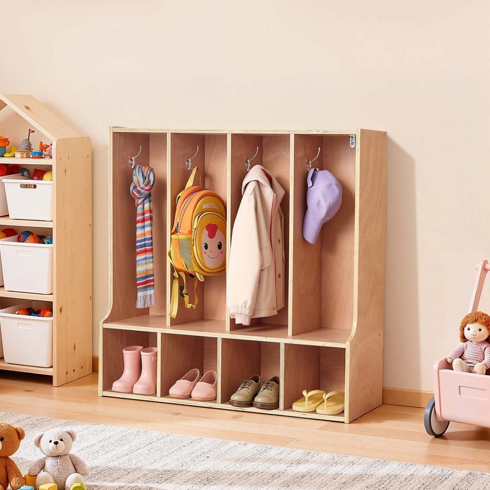 VEVOR 4-Section Kids Coat Locker, Wooden Toddler Cubby Storage Organizer with 8 Hooks & Non-Slip Mat, Modern Kid Coat Cubbies with 4 Small Open Storage Boxes for Home, Kindergarten, Daycare, Natural