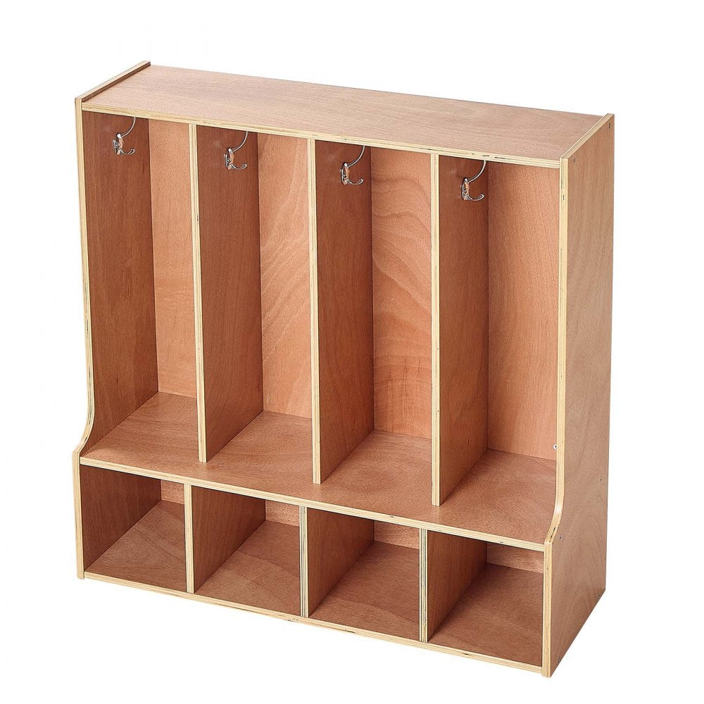 VEVOR 4-Section Kids Coat Locker, Wooden Toddler Cubby Storage Organizer with 8 Hooks & Non-Slip Mat, Modern Kid Coat Cubbies with 4 Small Open Storage Boxes for Home, Kindergarten, Daycare, Natural