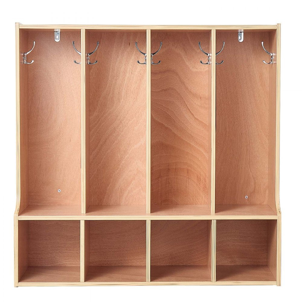 VEVOR 4-Section Kids Coat Locker, Wooden Toddler Cubby Storage Organizer with 8 Hooks & Non-Slip Mat, Modern Kid Coat Cubbies with 4 Small Open Storage Boxes for Home, Kindergarten, Daycare, Natural