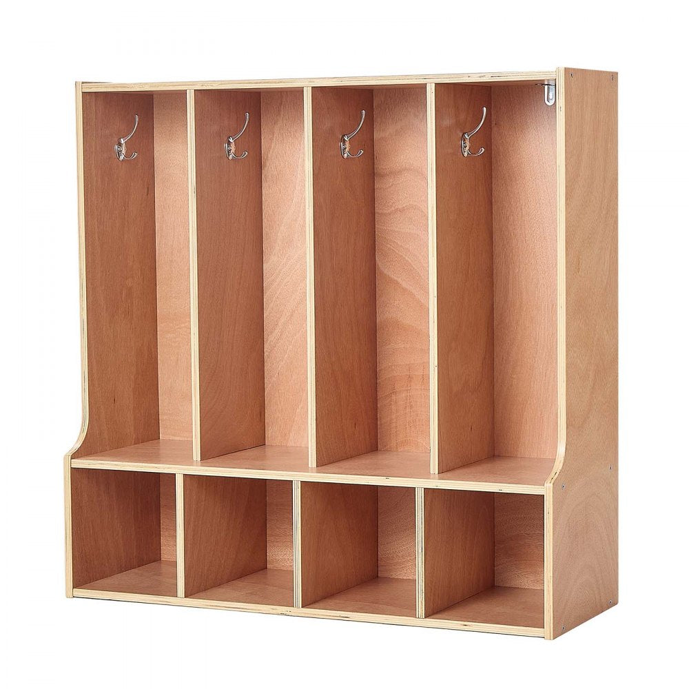 VEVOR 4-Section Kids Coat Locker, Wooden Toddler Cubby Storage Organizer with 8 Hooks & Non-Slip Mat, Modern Kid Coat Cubbies with 4 Small Open Storage Boxes for Home, Kindergarten, Daycare, Natural