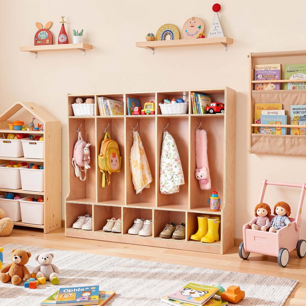 VEVOR 5-Section Kids Coat Locker, Wooden Toddler Cubby Storage Organizer with 10 Hooks & Non-Slip Mat, Modern Kid Coat Cubbies with 10 Small Open Storage Boxes for Home, Kindergarten, Daycare, Natural