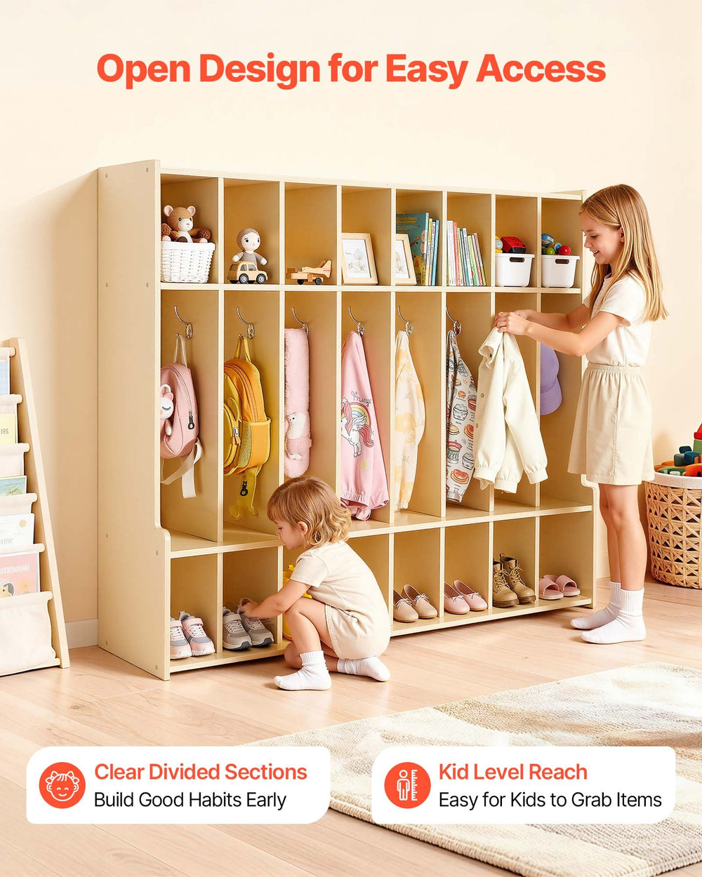 VEVOR kids coat locker - cubbies and hooks detail view