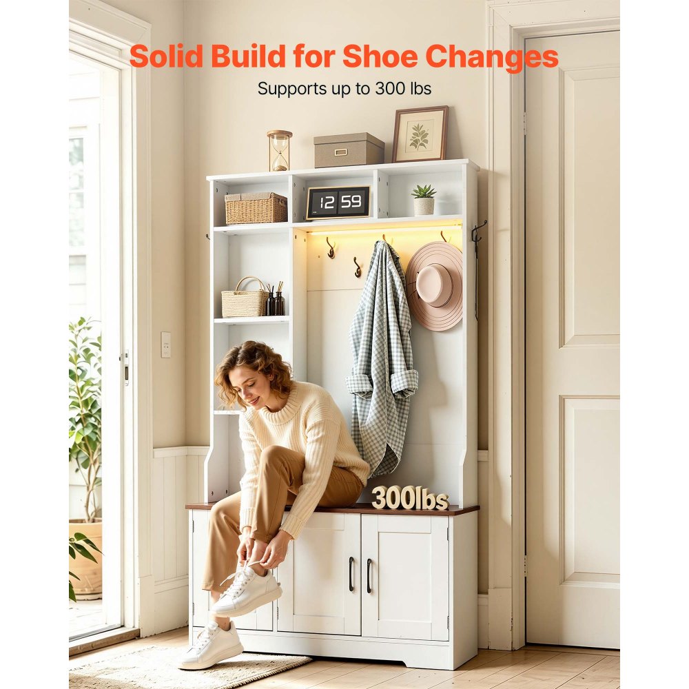VEVOR Hall Tree with Bench and Shoe Storage, 39" Wide, Entryway Hall Tree with Bench, Hanging Hooks, Storage Shelves, Adjustable Shoe Shelves, LED Light, Wooden, for Mudroom, Entryway, Hallway, White