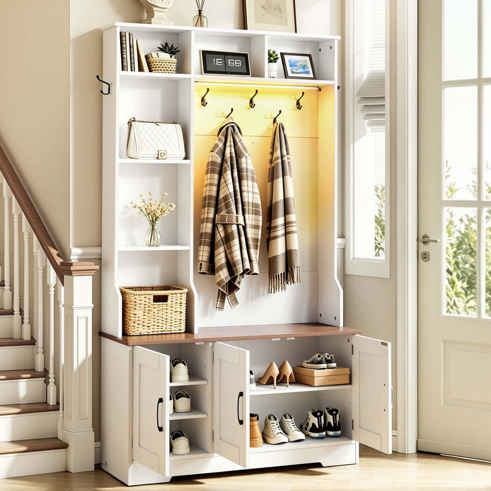 VEVOR Hall Tree with Bench and Shoe Storage, 39" Wide, Entryway Hall Tree with Bench, Hanging Hooks, Storage Shelves, Adjustable Shoe Shelves, LED Light, Wooden, for Mudroom, Entryway, Hallway, White