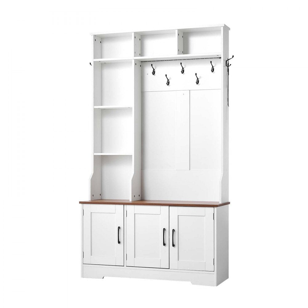VEVOR Hall Tree with Bench and Shoe Storage, 39" Wide, Entryway Hall Tree with Bench, Hanging Hooks, Storage Shelves, Adjustable Shoe Shelves, LED Light, Wooden, for Mudroom, Entryway, Hallway, White